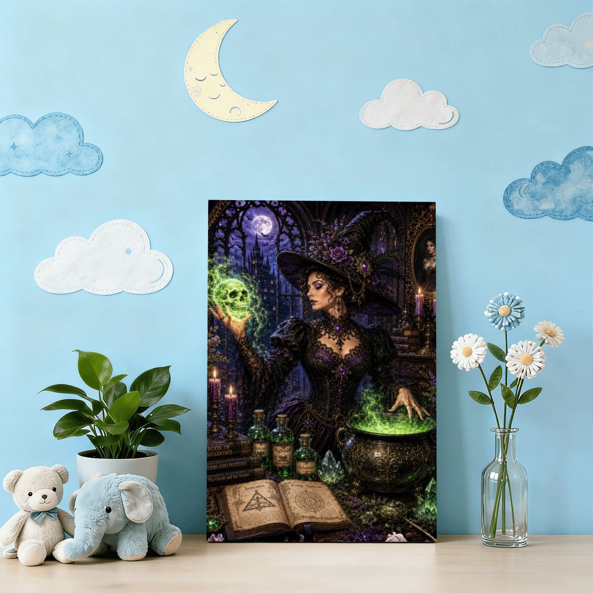 Framed Canvas Painting Halloween Witch and Skull Magic (Made in USA)