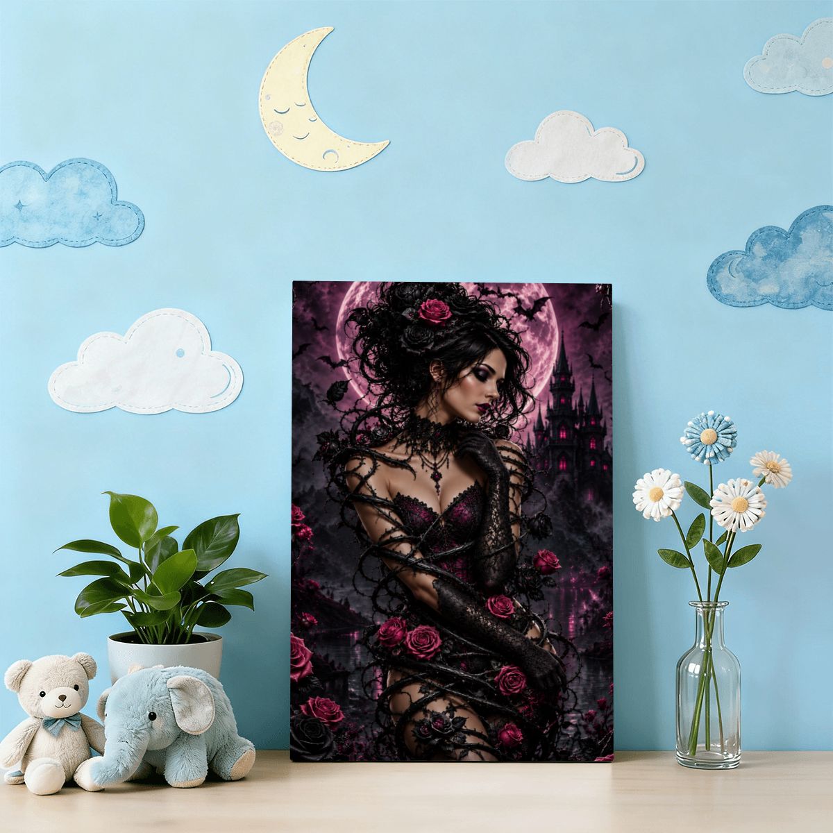 Framed Canvas Painting Halloween Gothic Woman with Vine and Purple Pink Roses (Made in USA)