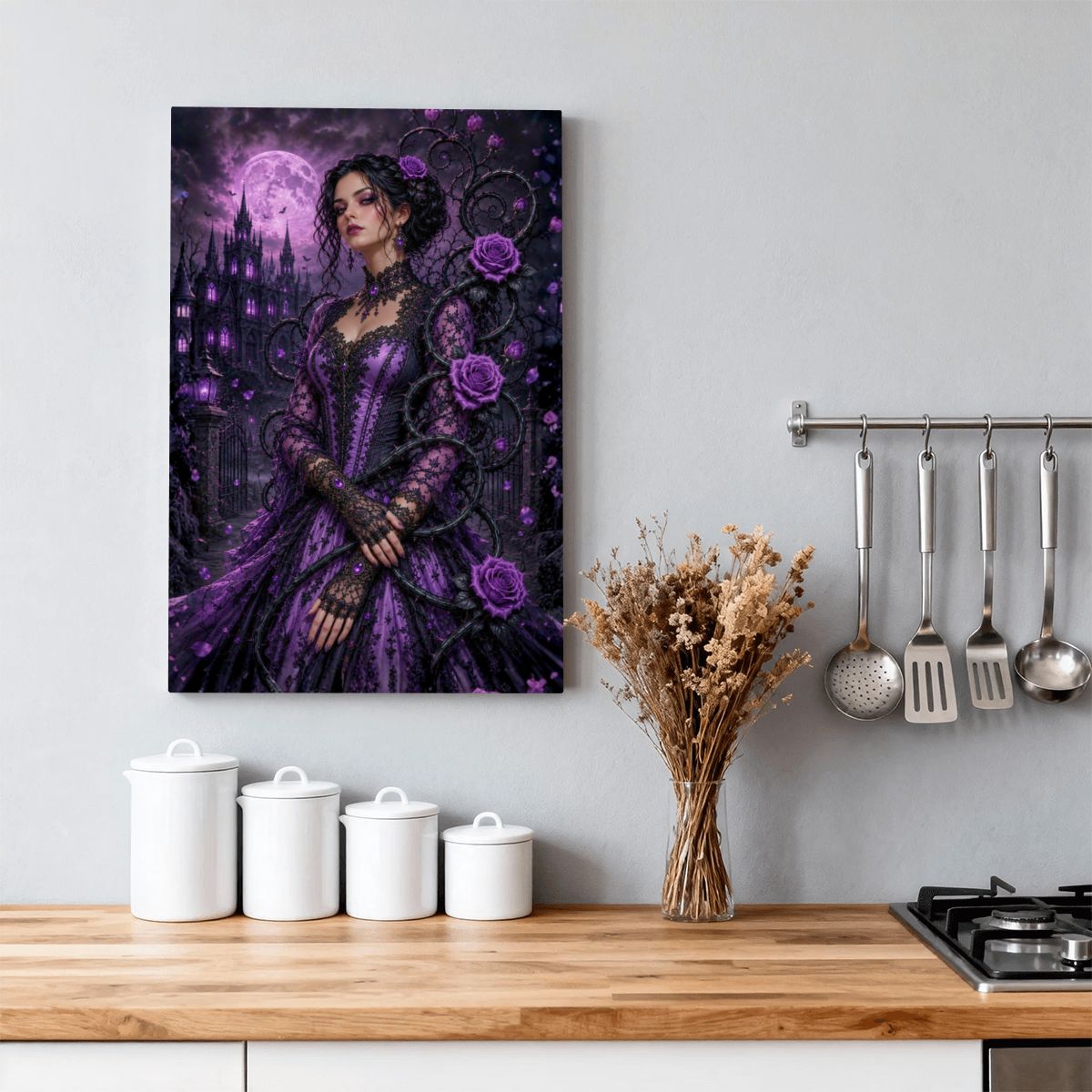 Framed Canvas Painting Gothic Purple Roses (Made in USA)