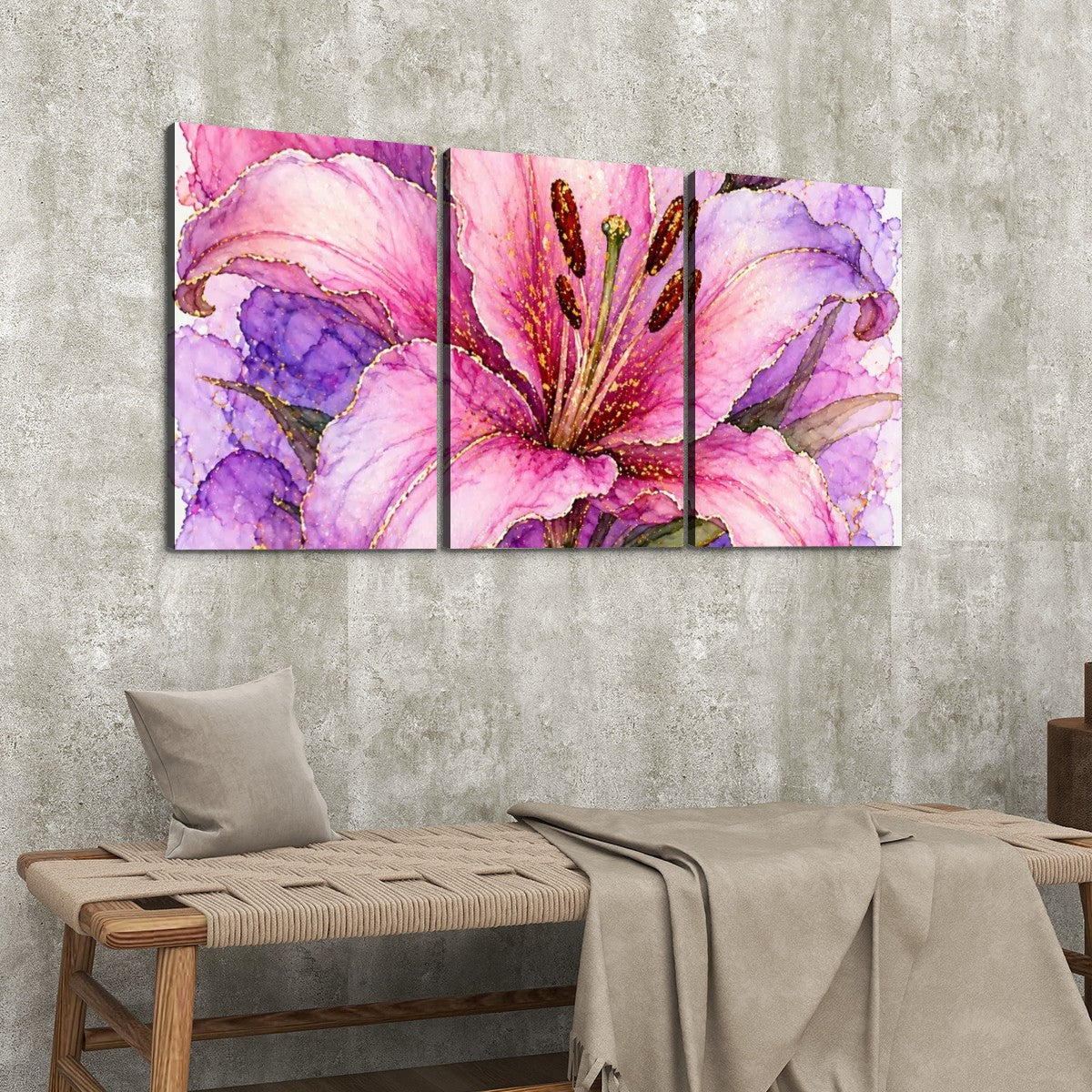 3 Panels Canvas Prints Wall Art Pink Purple Flower