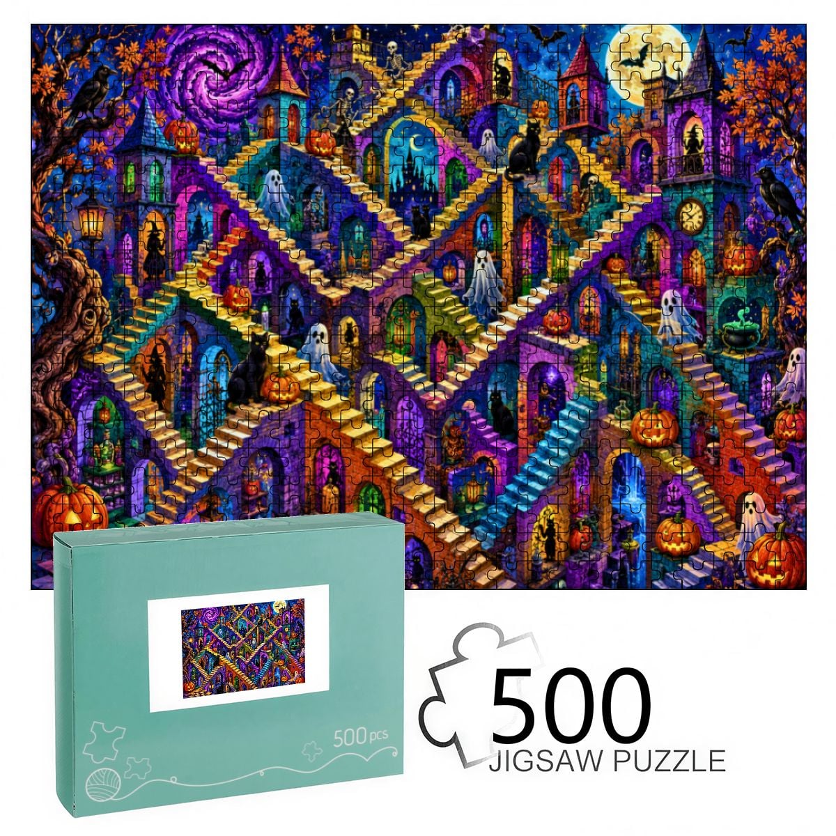 1000pcs Wooden Jigsaw Puzzles (Made in USA) Halloween Abstract Staircase