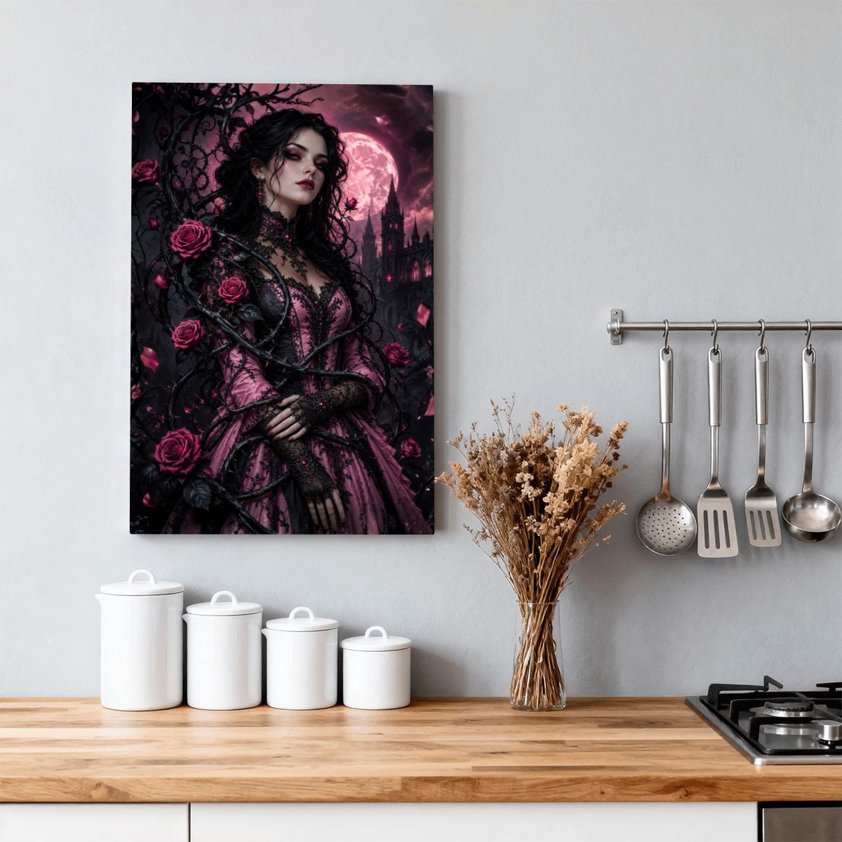 Framed Canvas Painting Halloween Gothic Woman with Vine and Pink Roses (Made in USA)