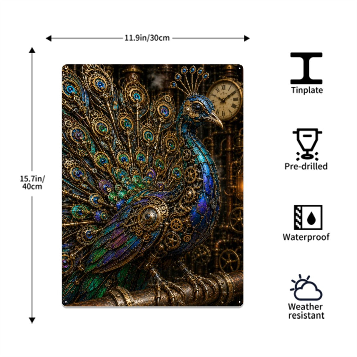 Rectangular Tin Sign Metal Sign Decor Steampunk Peacock