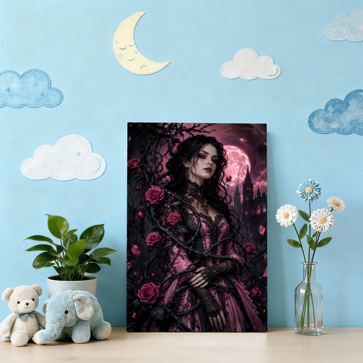 Framed Canvas Painting Halloween Gothic Woman with Vine and Pink Roses (Made in USA)