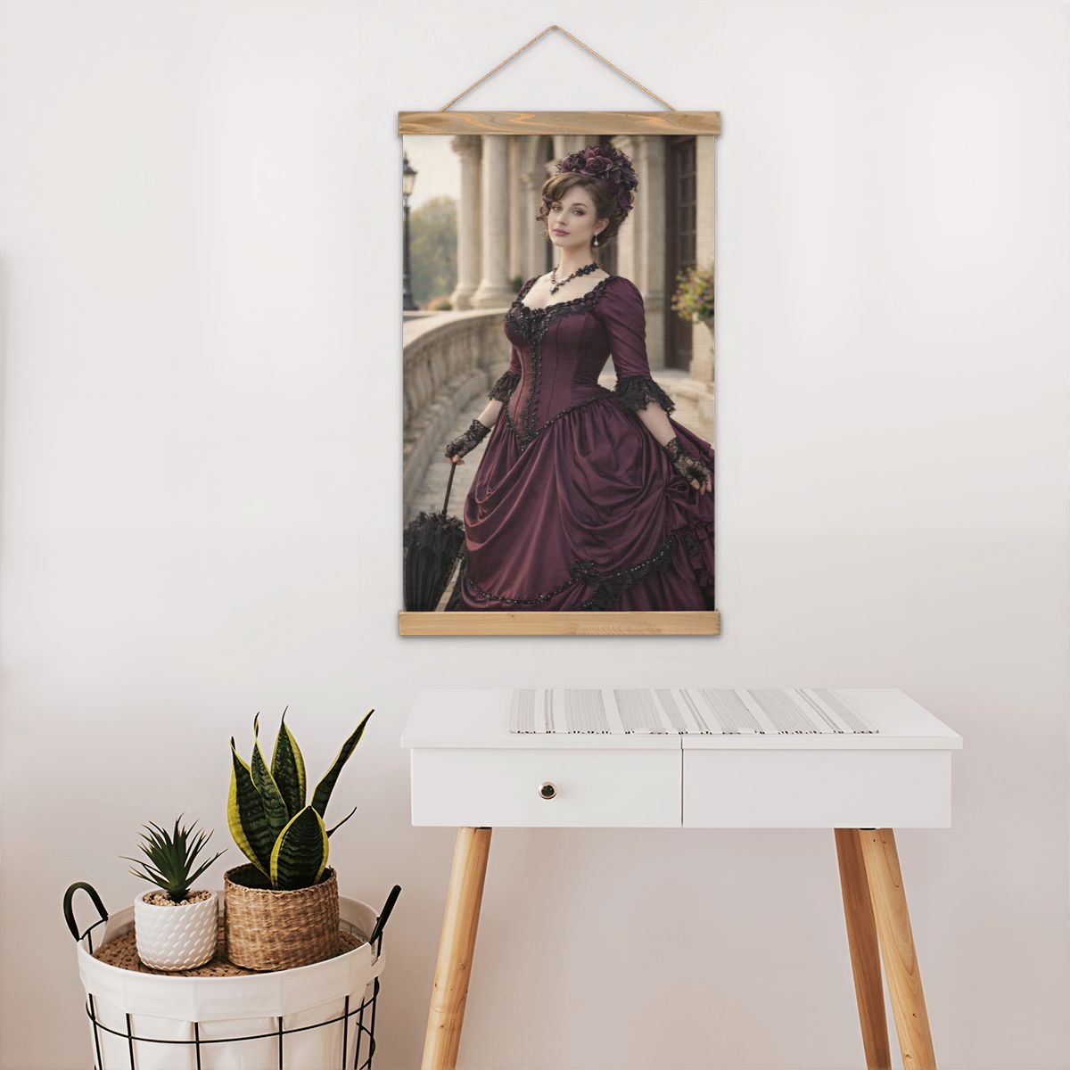Linen Canvas Wall Art Victorian Woman Maroon Dress