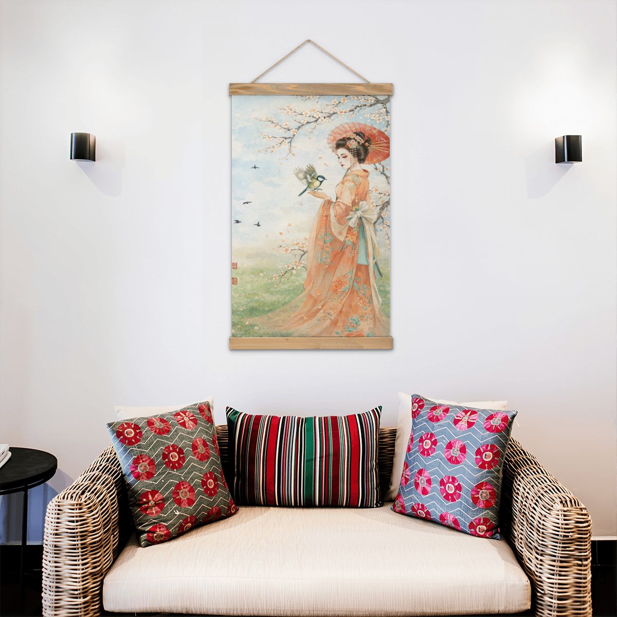 Linen Canvas Wall Art Geisha and Bird