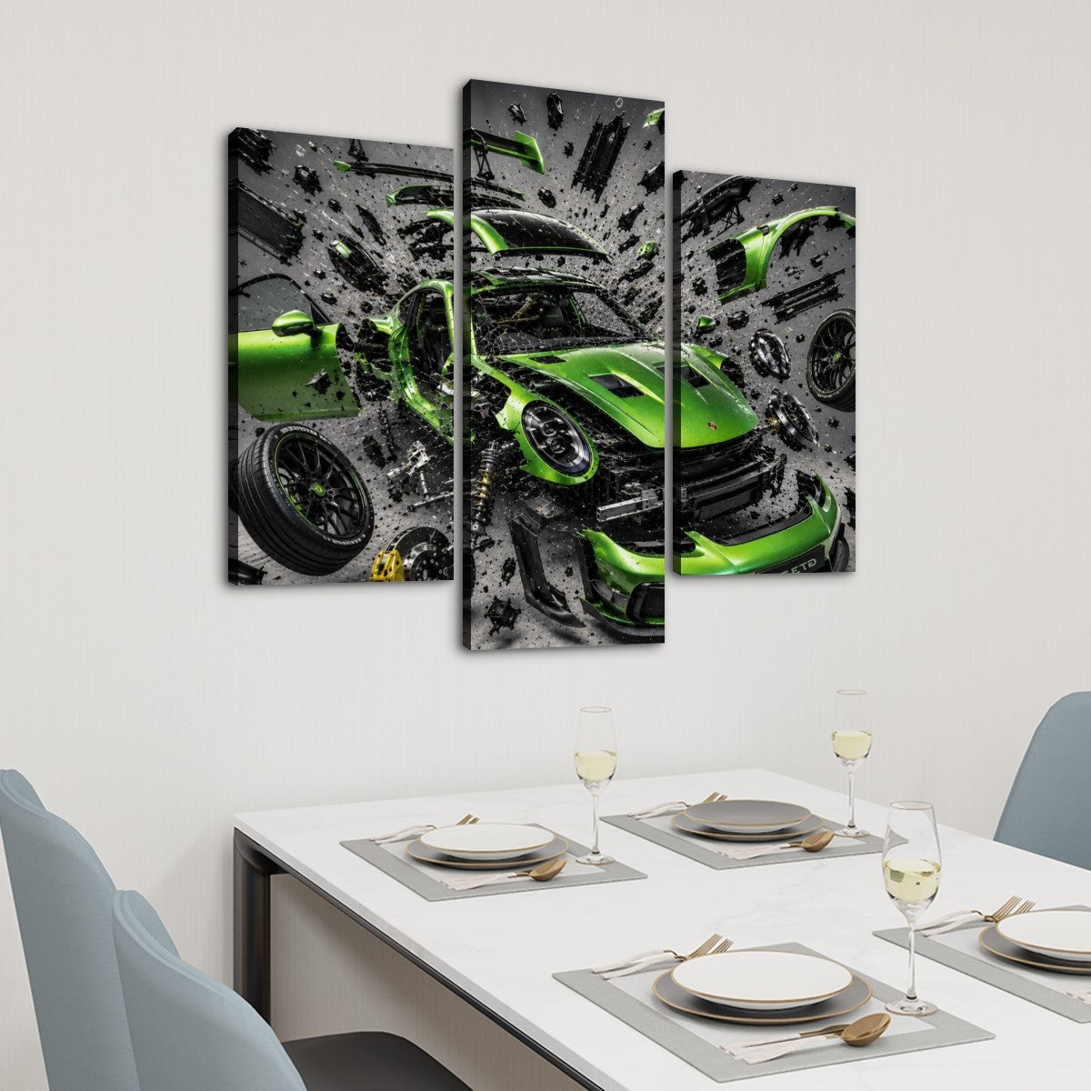 3 Panels Canvas Prints Wall Art Green Shattered Porsche GT3 RS