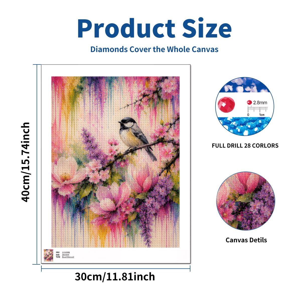 Diamond Art Painting 12x16 Bird Floral Branch