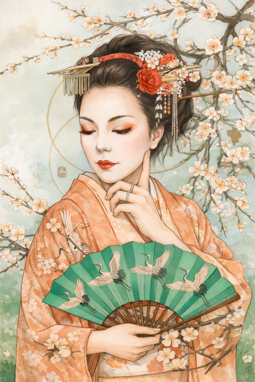 Diamond Art Kit 16x20 Diamond Painting Kit Peach Japanese Geisha with Fan
