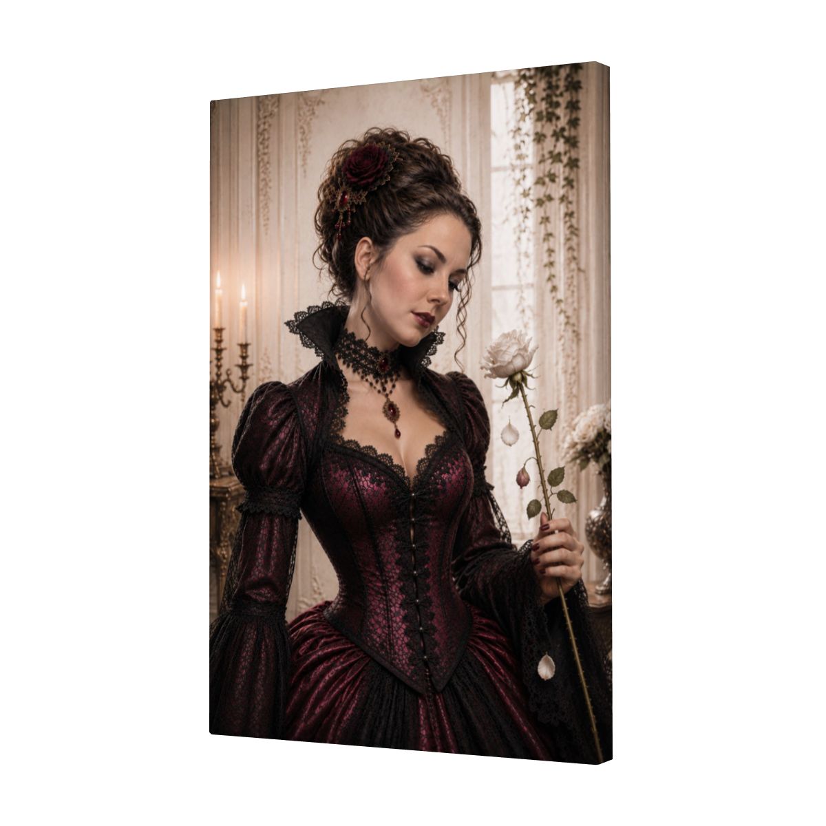 Framed Canvas Painting Gothic Victorian Woman with Rose Halloween (Made in USA)