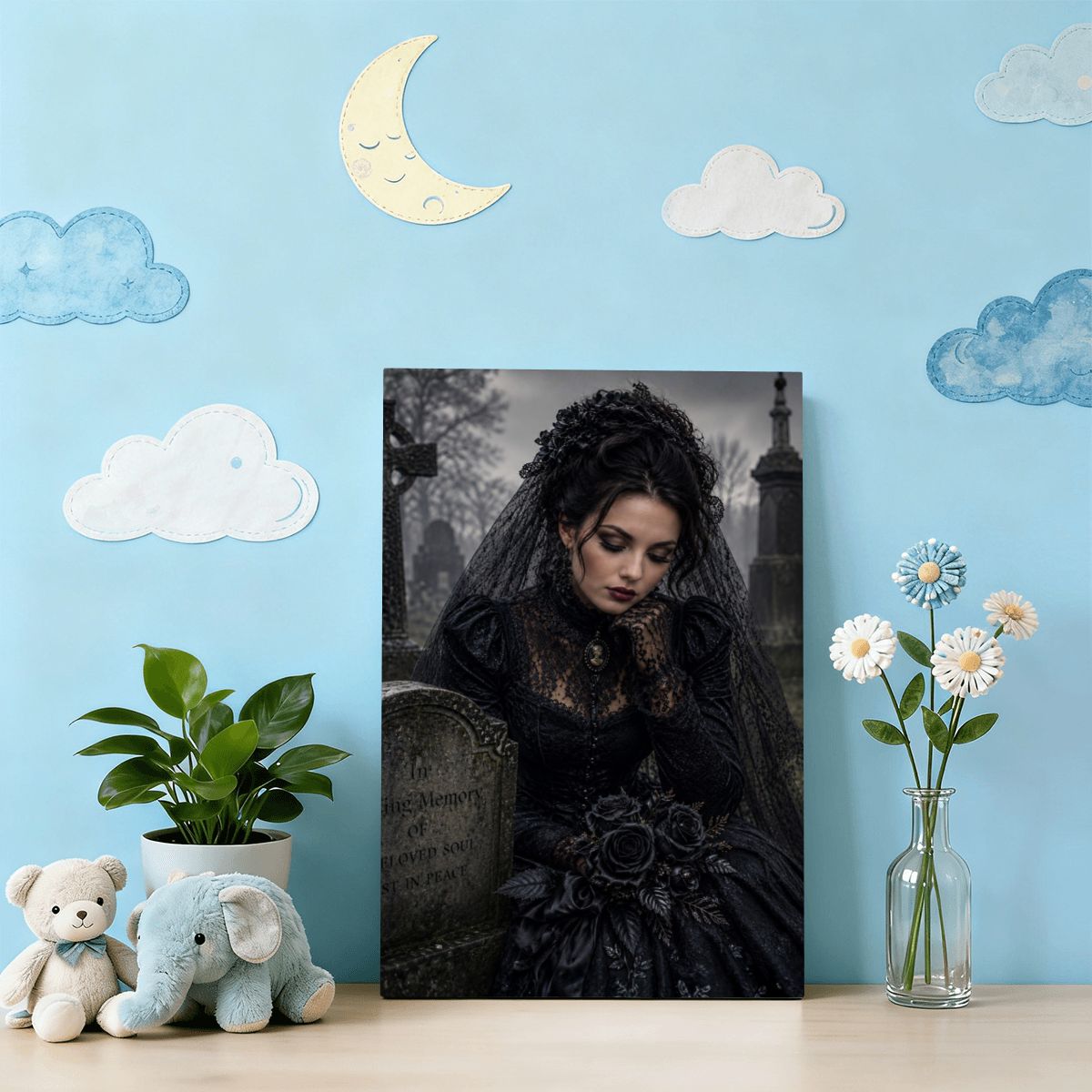 Framed Canvas Painting Gothic Victorian Halloween Woman at Grave Lost Love (Made in USA)