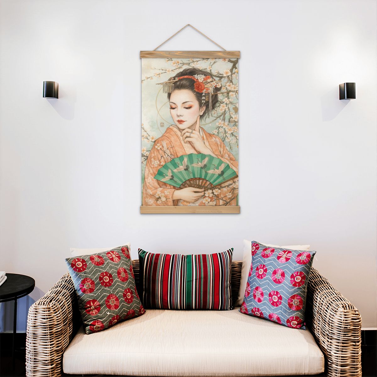 Linen Canvas Wall Art Geisha with Fan
