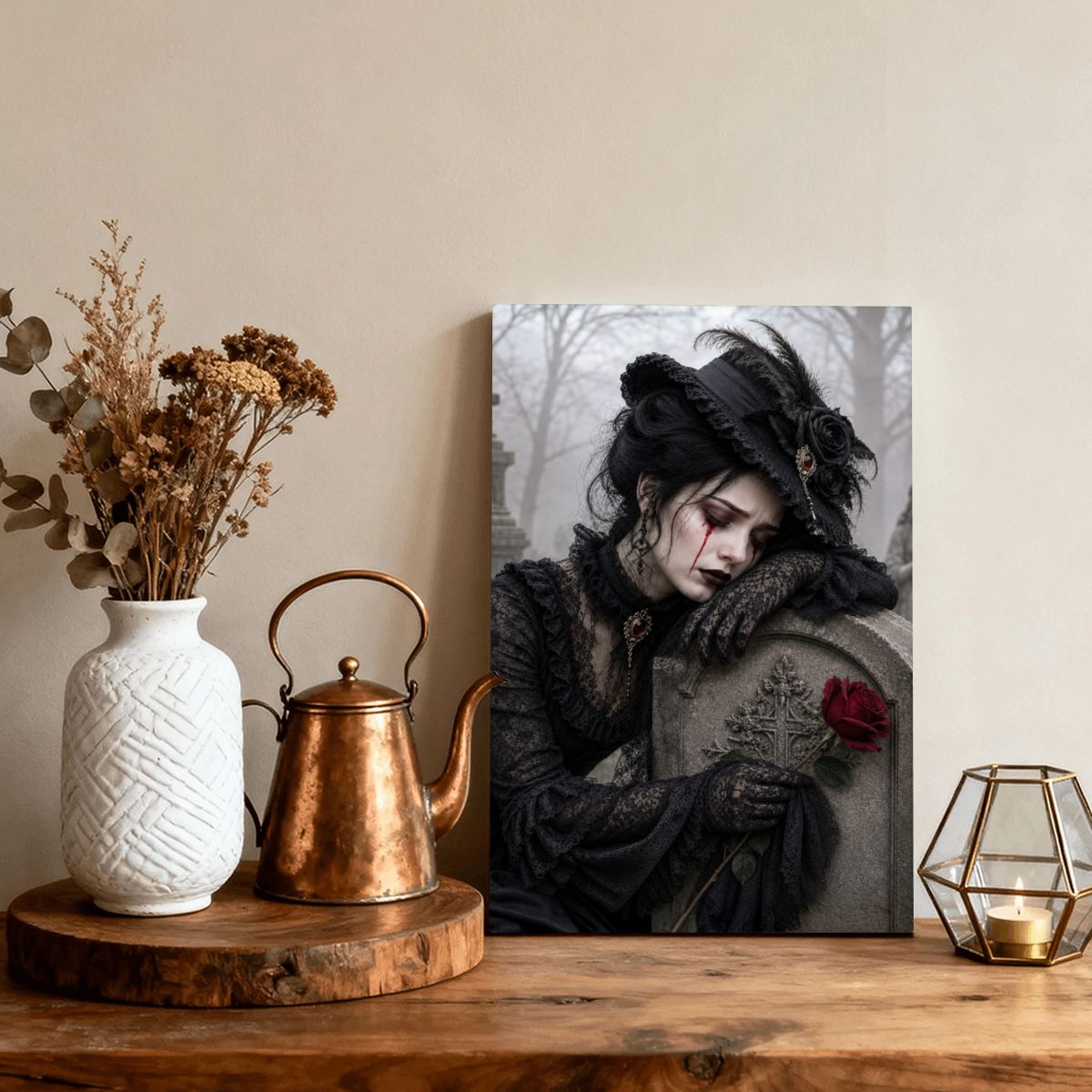 Framed Canvas Painting Halloween Victorian Woman Grave Lost Love (Made in USA)