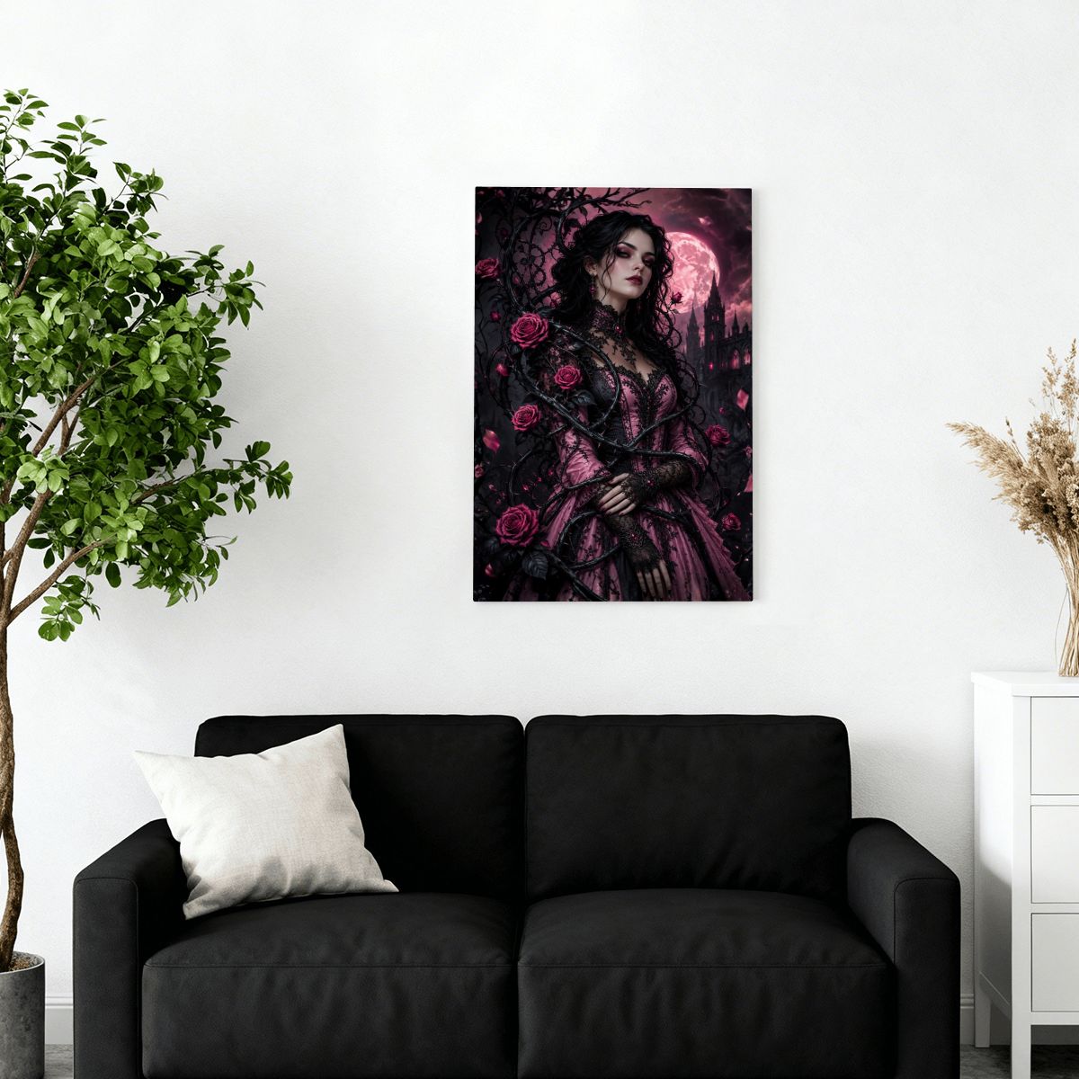 Framed Canvas Painting Halloween Gothic Woman with Vine and Pink Roses (Made in USA)