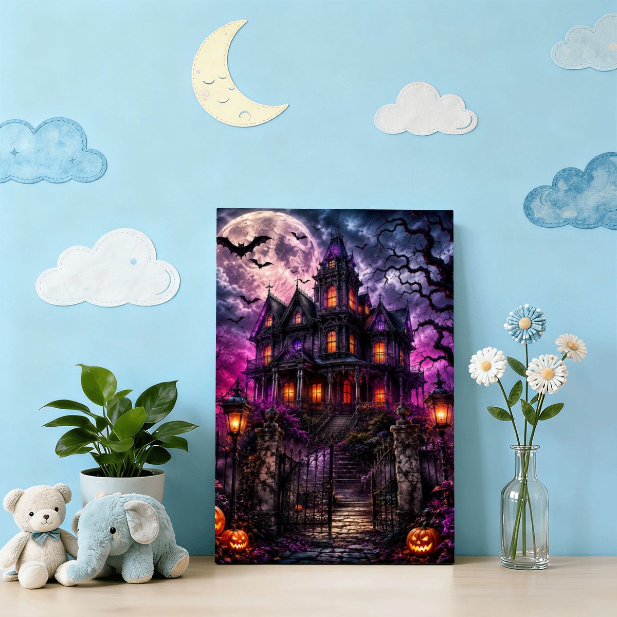 Framed Canvas Painting Halloween Haunted House (Made in USA)