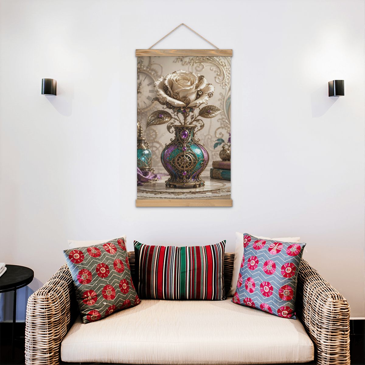 Linen Canvas Wall Art Steampunk Vase with Rose