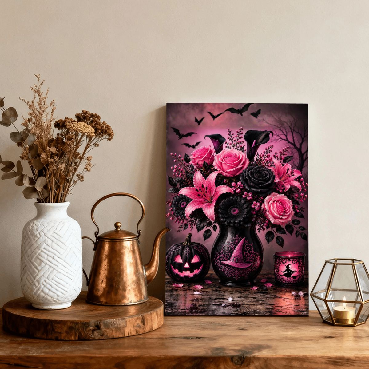 Framed Canvas Painting Halloween Pink and Black Flower Vase (Made in USA)