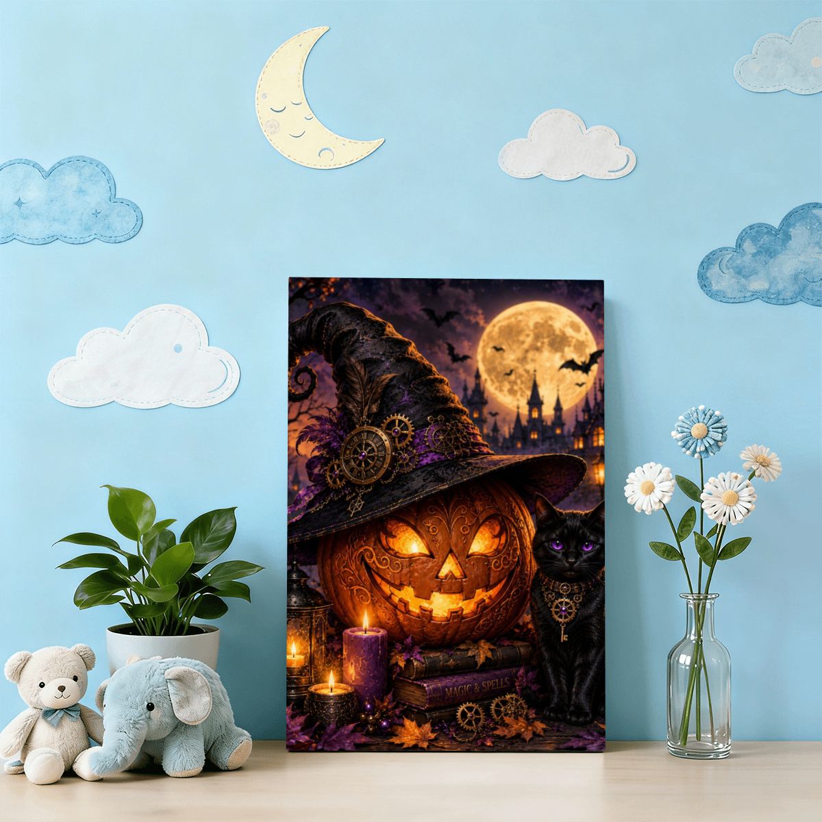 Framed Canvas Painting Halloween Night Pumpkin and Black Cat (Made in USA)