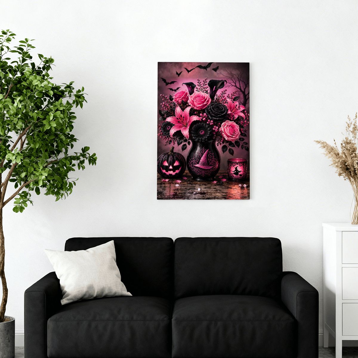 Framed Canvas Painting Halloween Pink and Black Flower Vase (Made in USA)