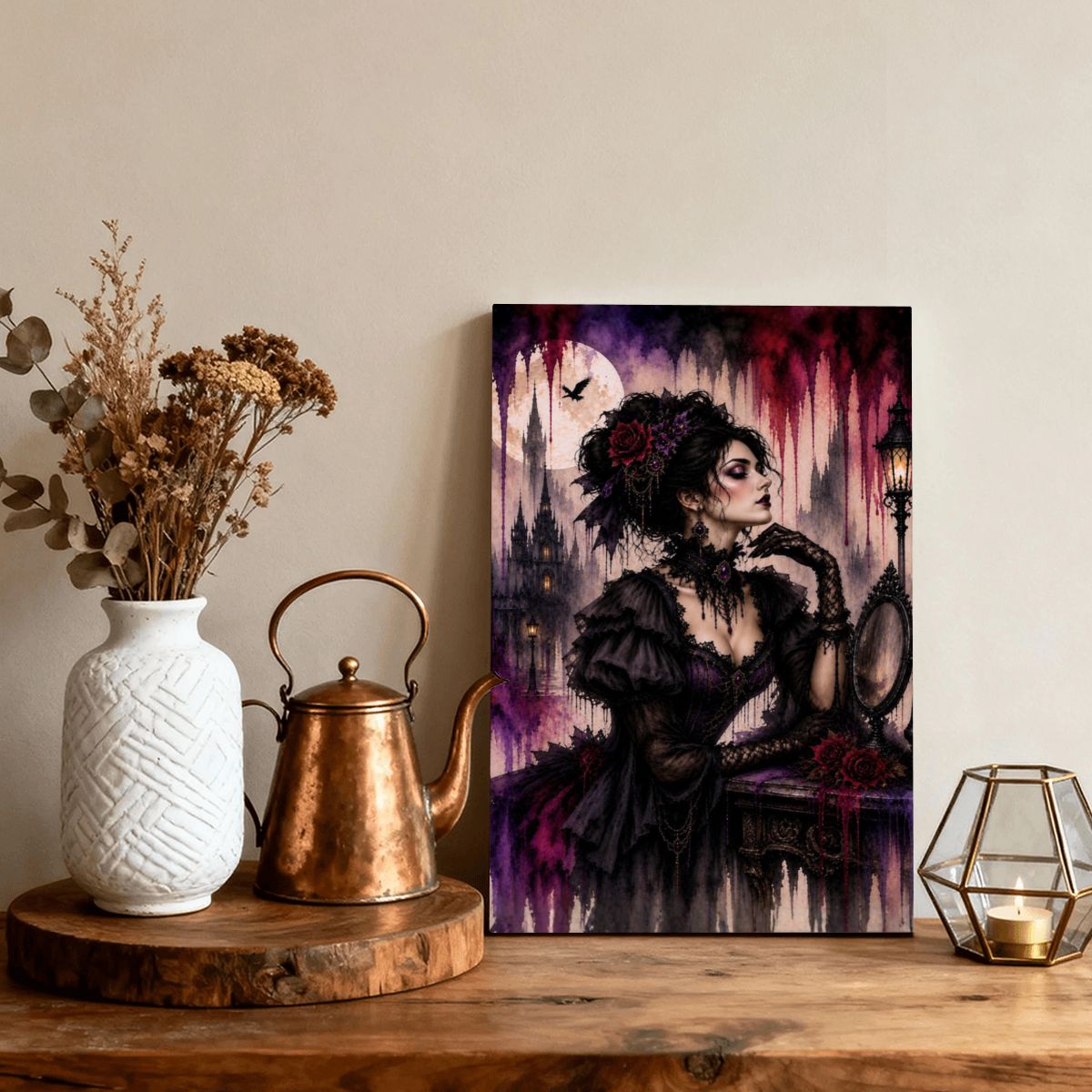 Framed Canvas Painting Halloween Gothic Victorian Woman Drip Art (Made in USA)