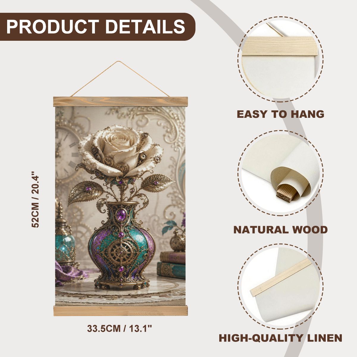 Linen Canvas Wall Art Steampunk Vase with Rose