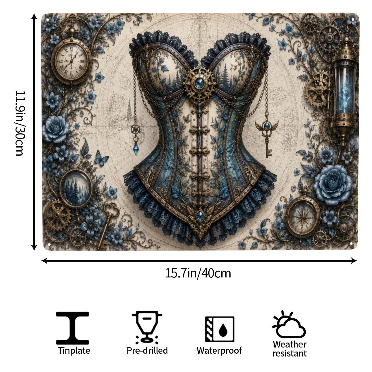 Tin Sign Rectangular Metal Decor Blue Corset
