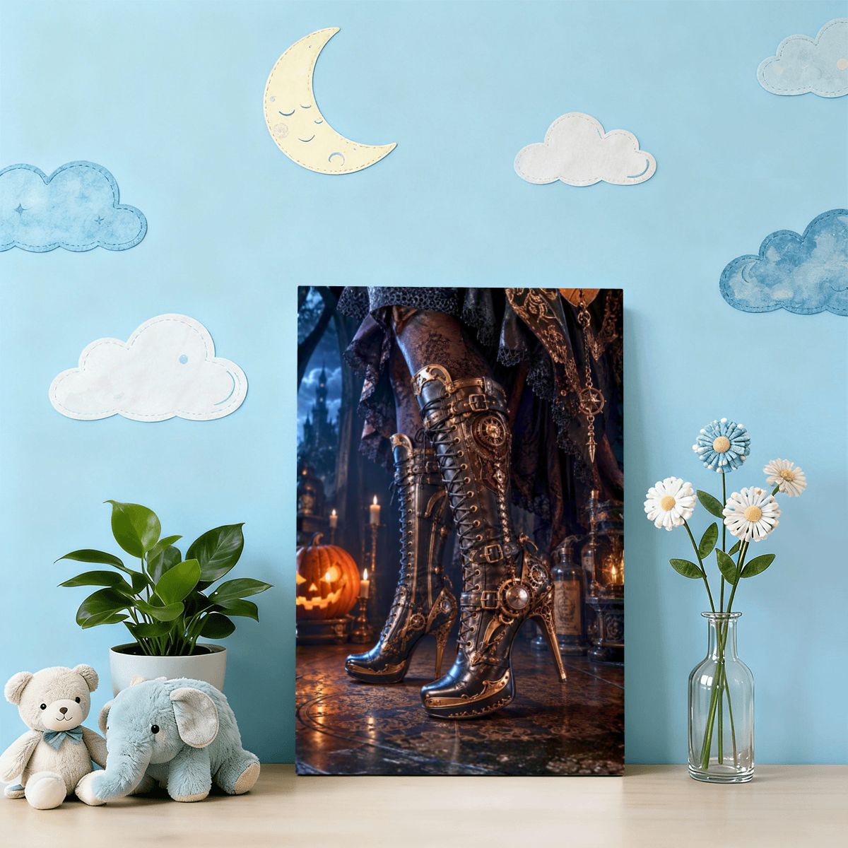 Framed Canvas Painting Steampunk Boots on Halloween (Made in USA)