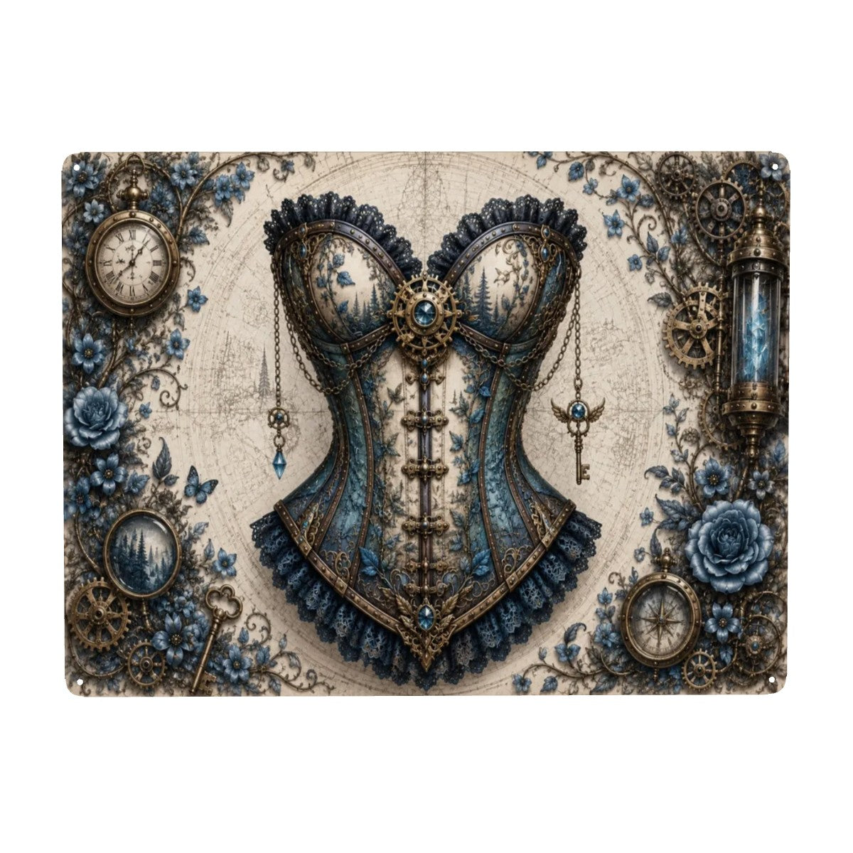 Tin Sign Rectangular Metal Decor Blue Corset