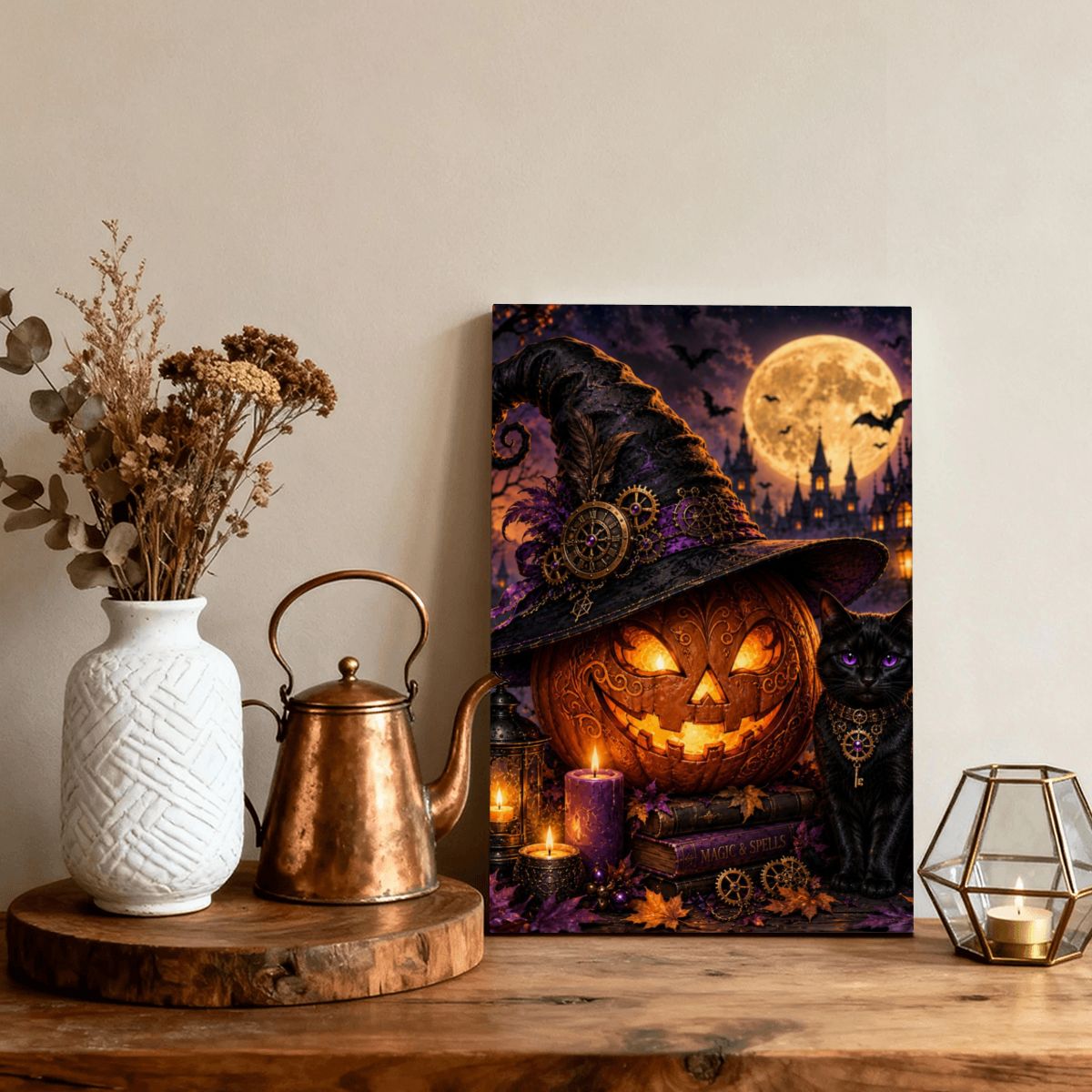 Framed Canvas Painting Halloween Night Pumpkin and Black Cat (Made in USA)