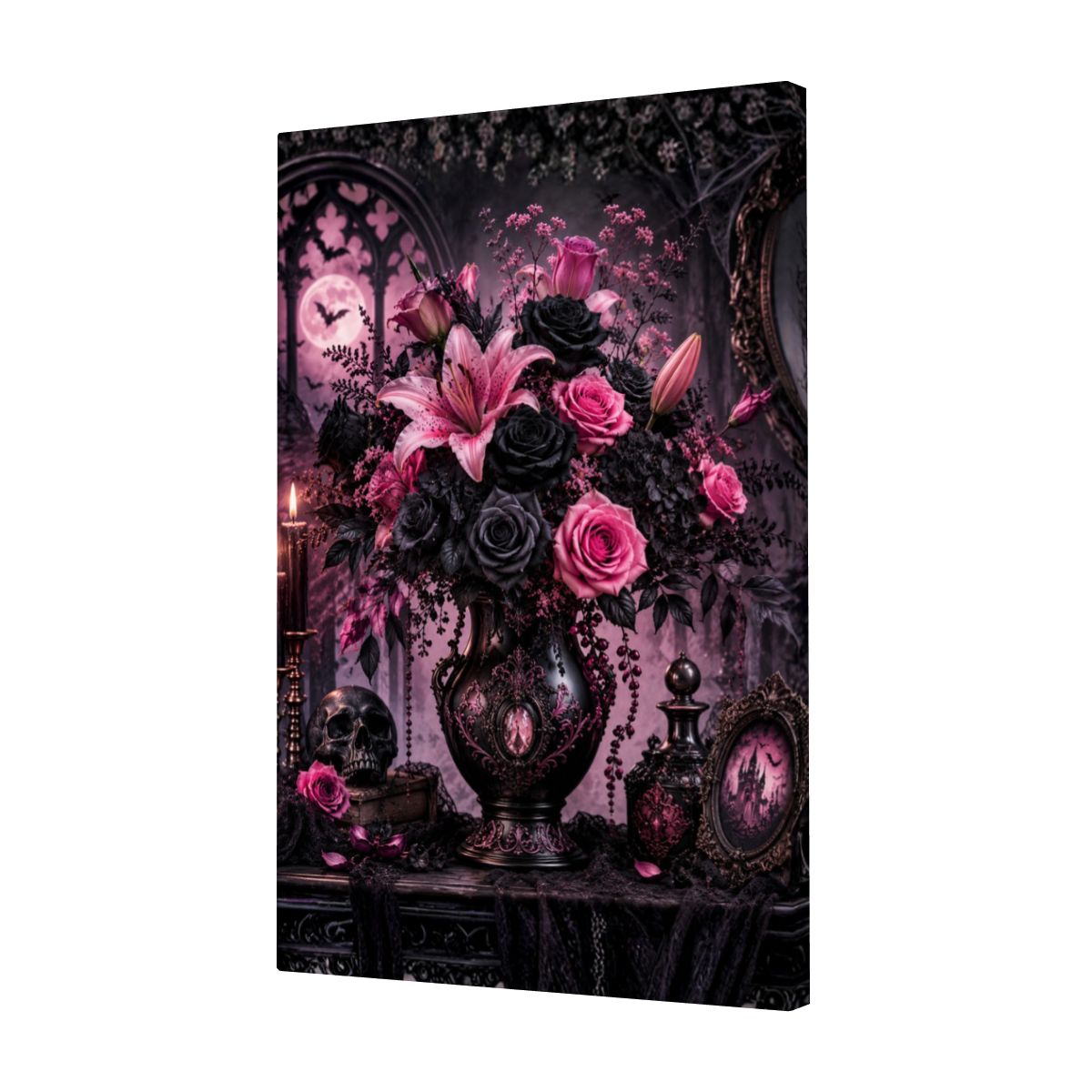 Framed Canvas Painting Halloween Pink Flower Bouquet Vase (Made in USA)