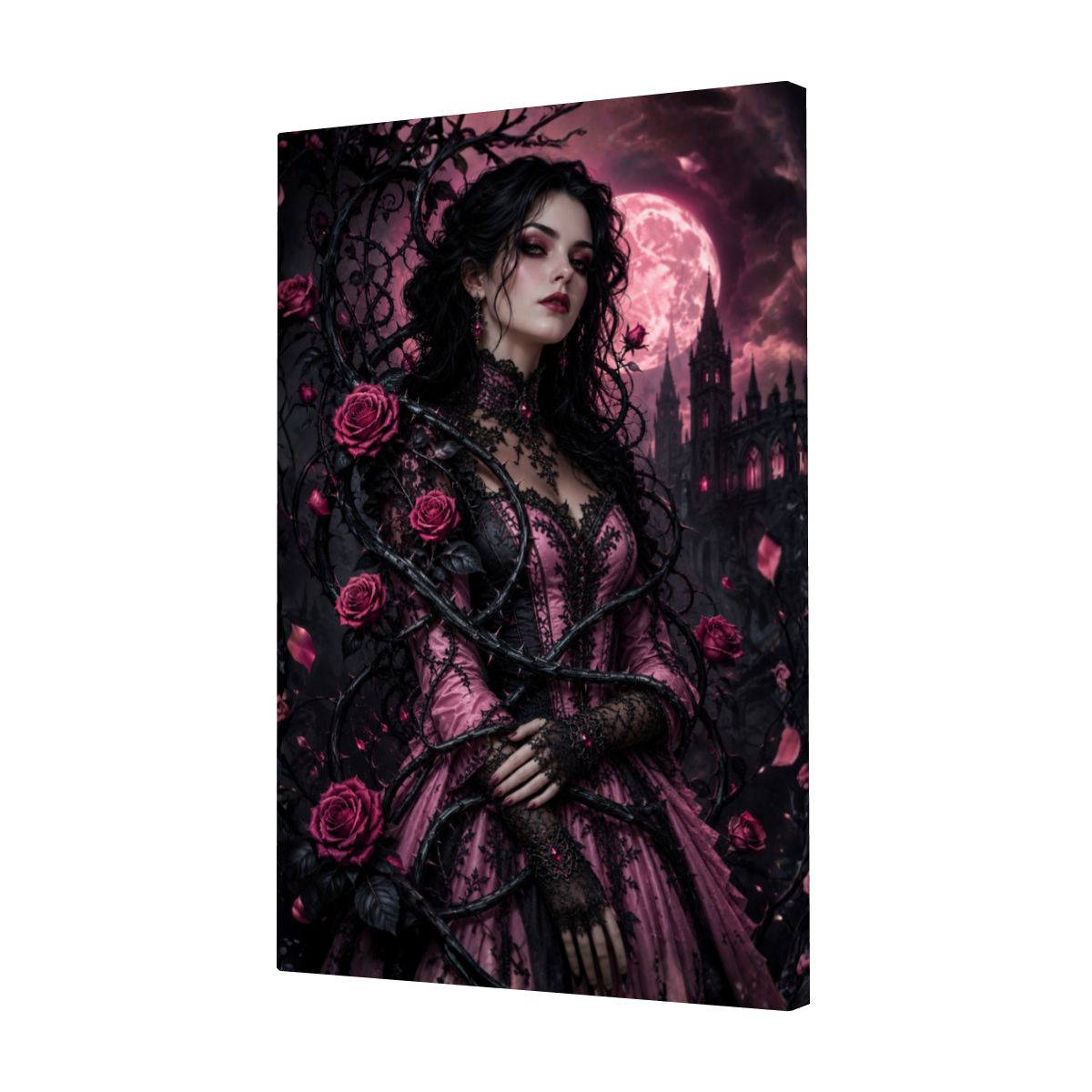 Framed Canvas Painting Halloween Gothic Woman with Vine and Pink Roses (Made in USA)
