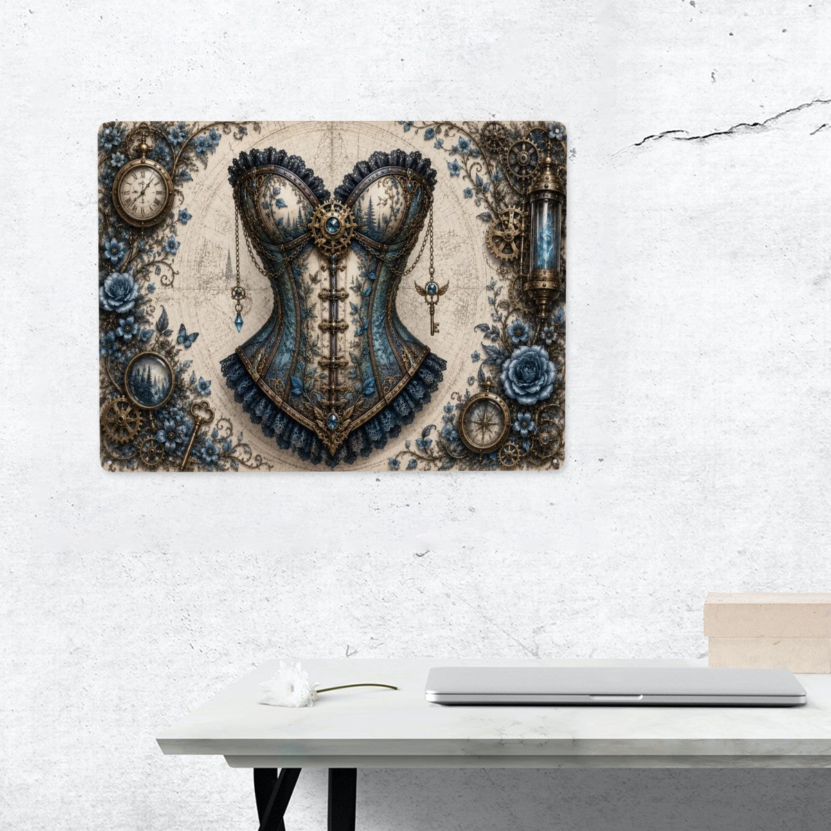 Tin Sign Rectangular Metal Decor Blue Corset