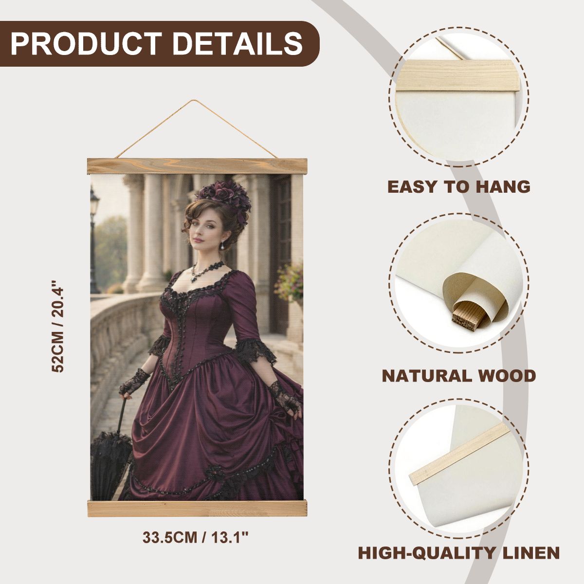Linen Canvas Wall Art Victorian Woman Maroon Dress