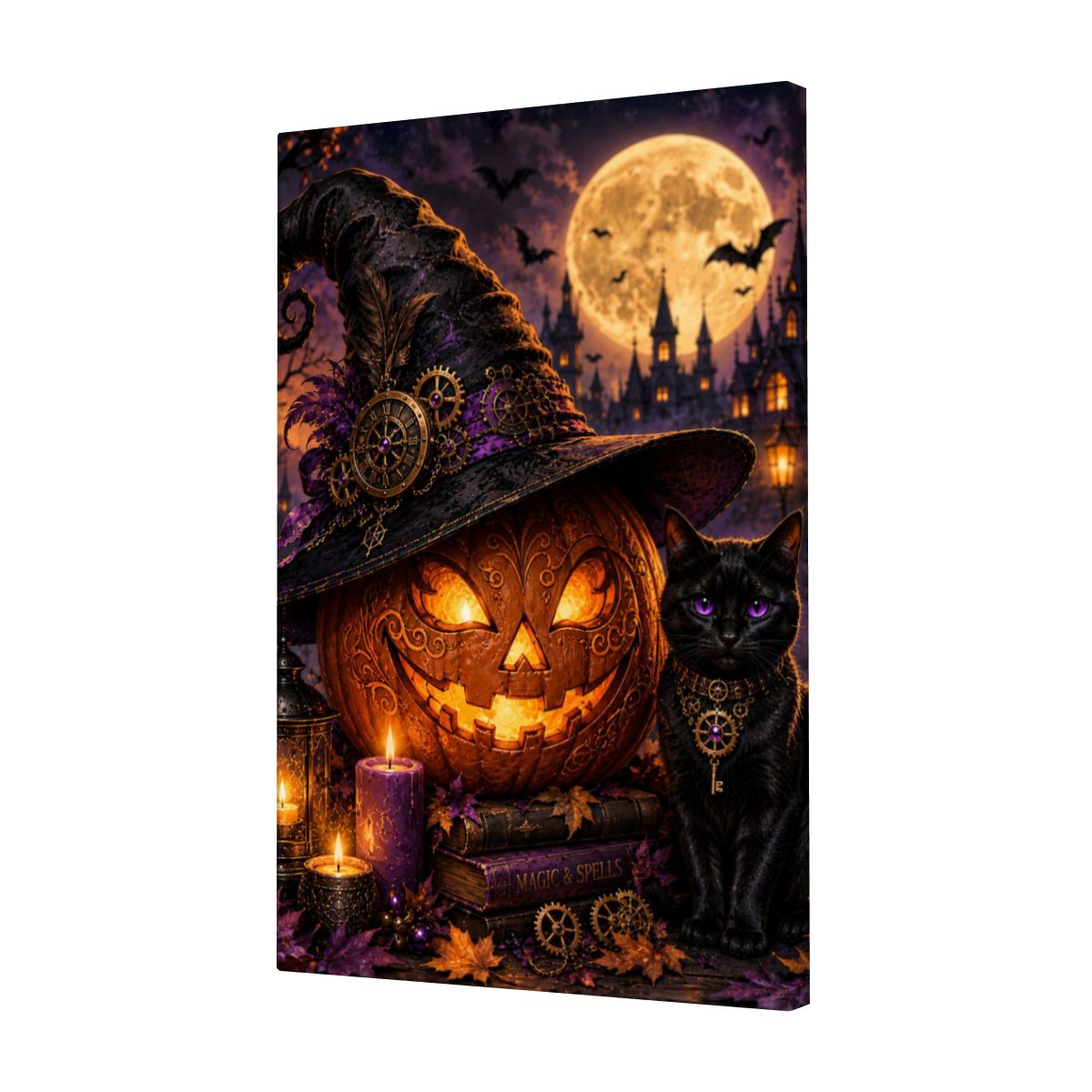 Framed Canvas Painting Halloween Night Pumpkin and Black Cat (Made in USA)