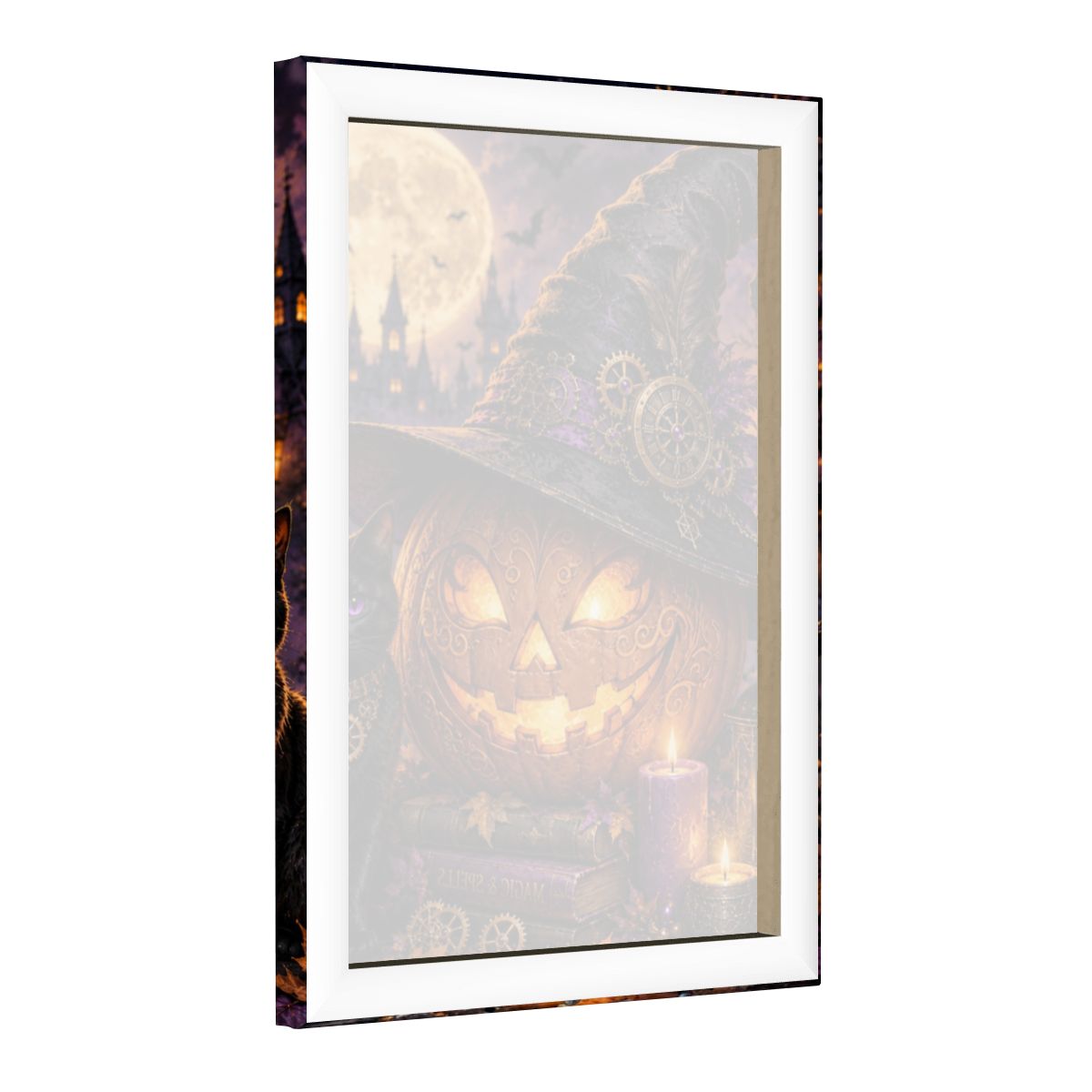 Framed Canvas Painting Halloween Night Pumpkin and Black Cat (Made in USA)