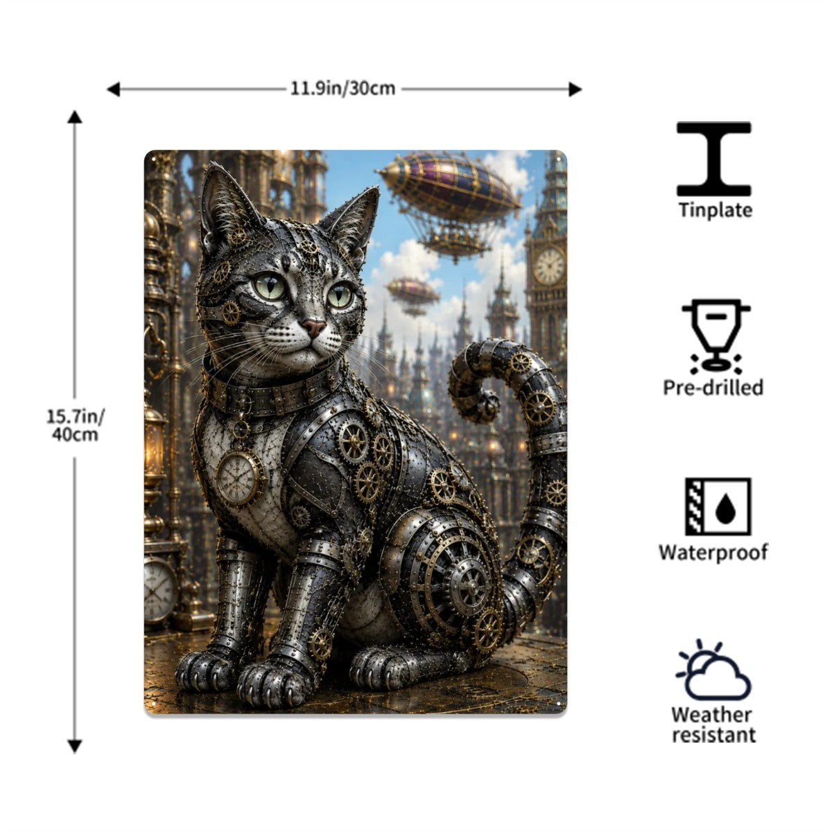 Rectangular Tin Sign Metal Sign Decor Steampunk Cat