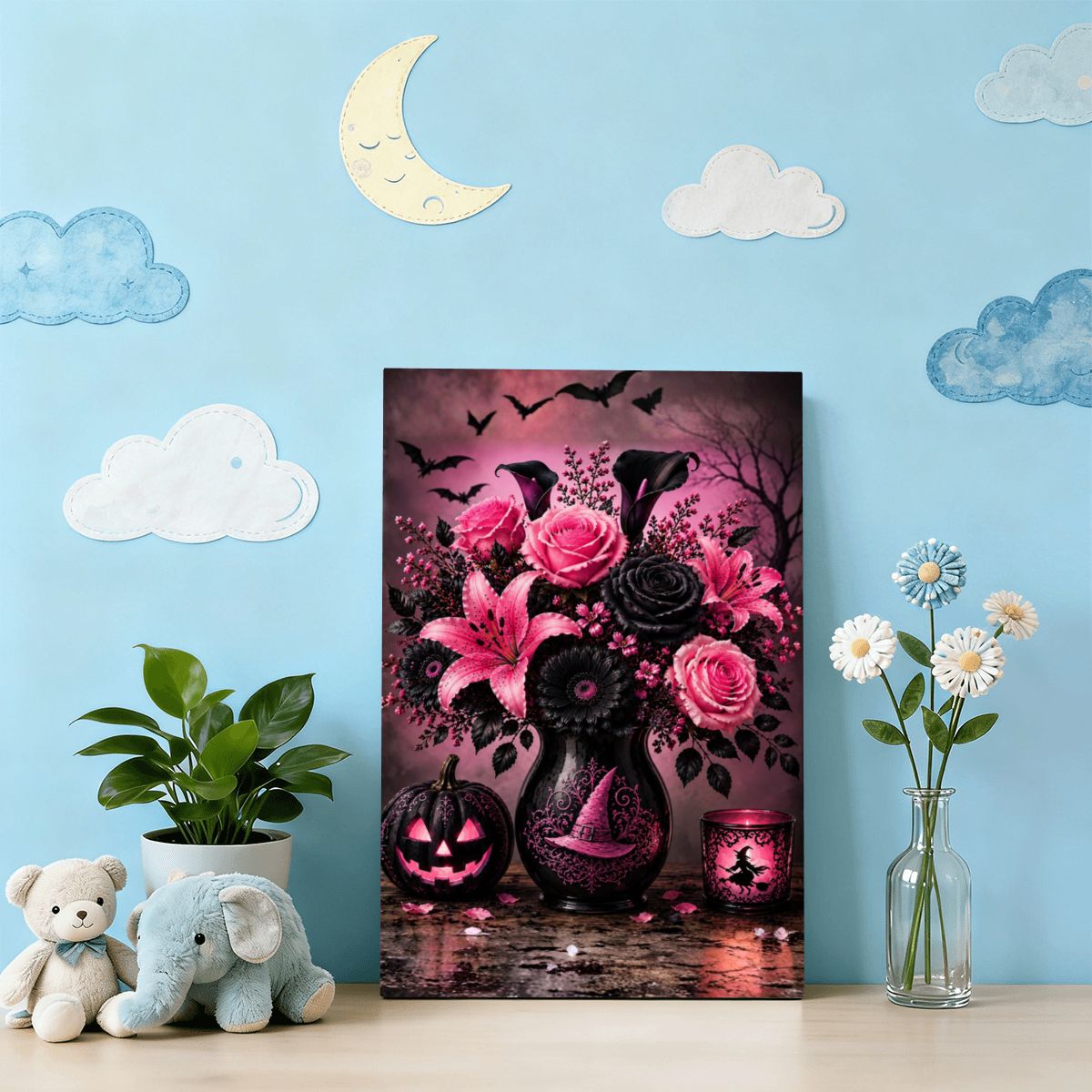 Framed Canvas Painting Halloween Pink and Black Flower Vase (Made in USA)