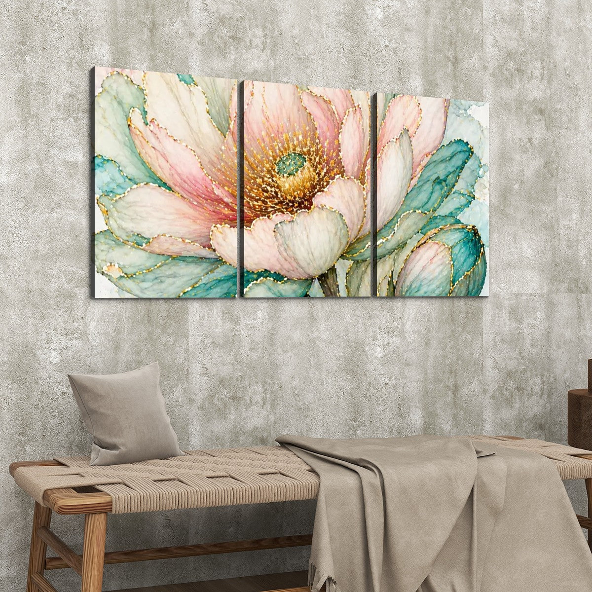 3 Panels Canvas Prints Wall Art Green Peach Flower