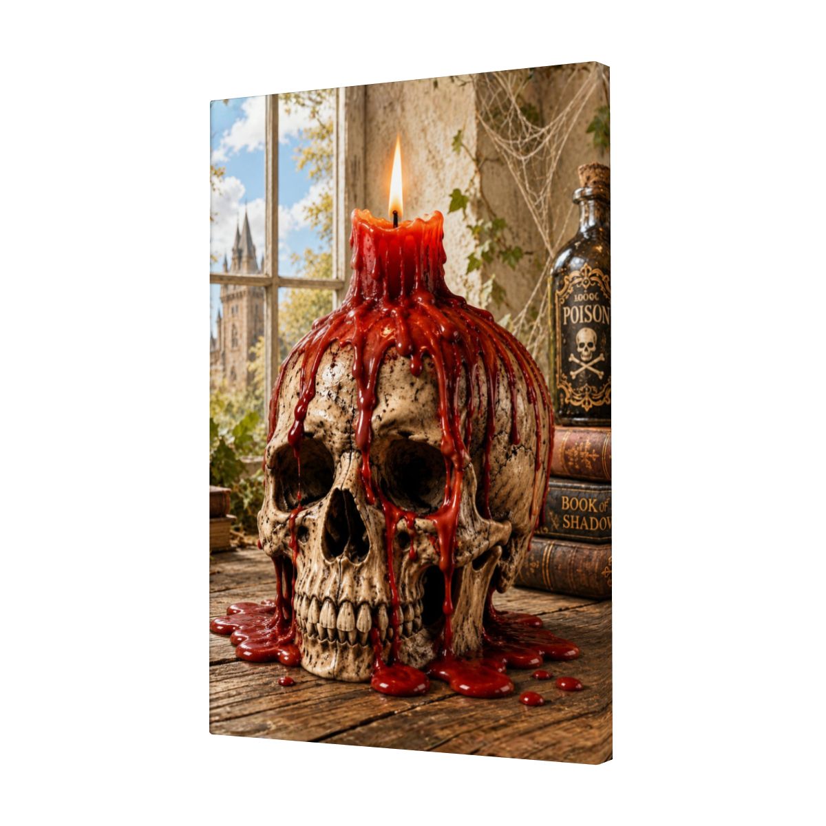 Framed Canvas Painting Halloween Skull with Candle (Made in USA)