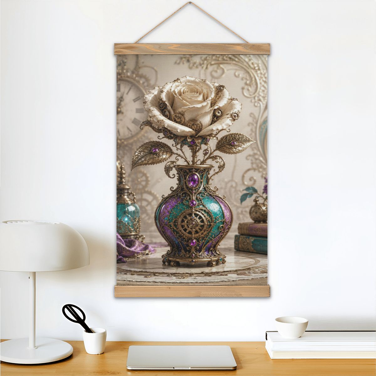Linen Canvas Wall Art Steampunk Vase with Rose