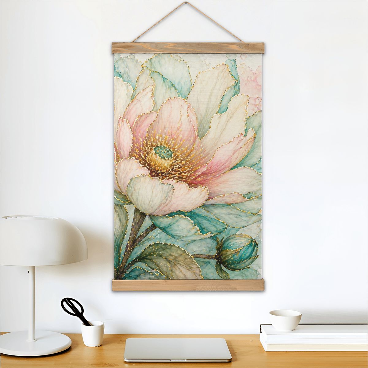 Linen Canvas Wall Art  Teal and Peach Flower