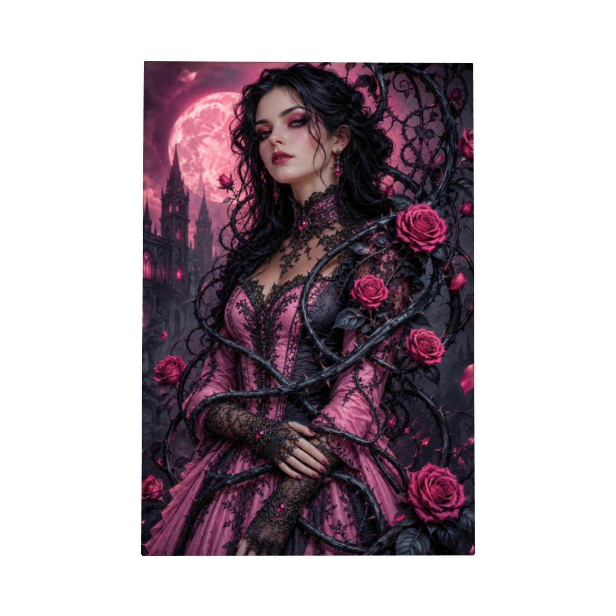 Framed Canvas Painting Gothic Pink Roses (Made in USA)