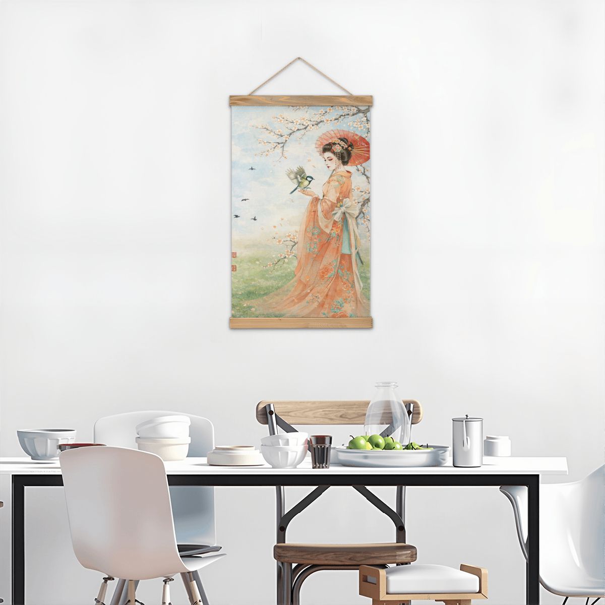 Linen Canvas Wall Art Geisha and Bird