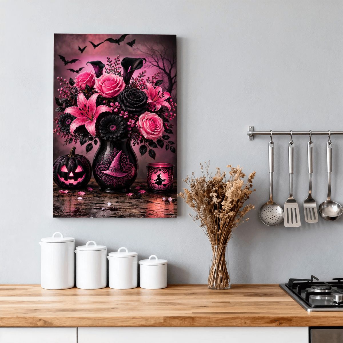 Framed Canvas Painting Halloween Pink and Black Flower Vase (Made in USA)
