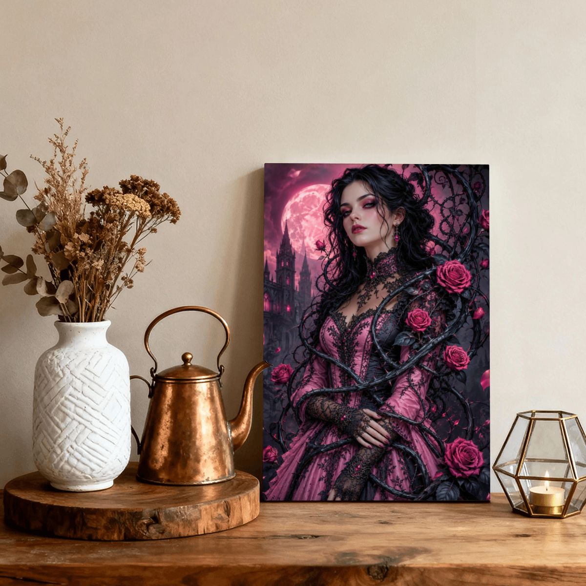 Framed Canvas Painting Gothic Pink Roses (Made in USA)
