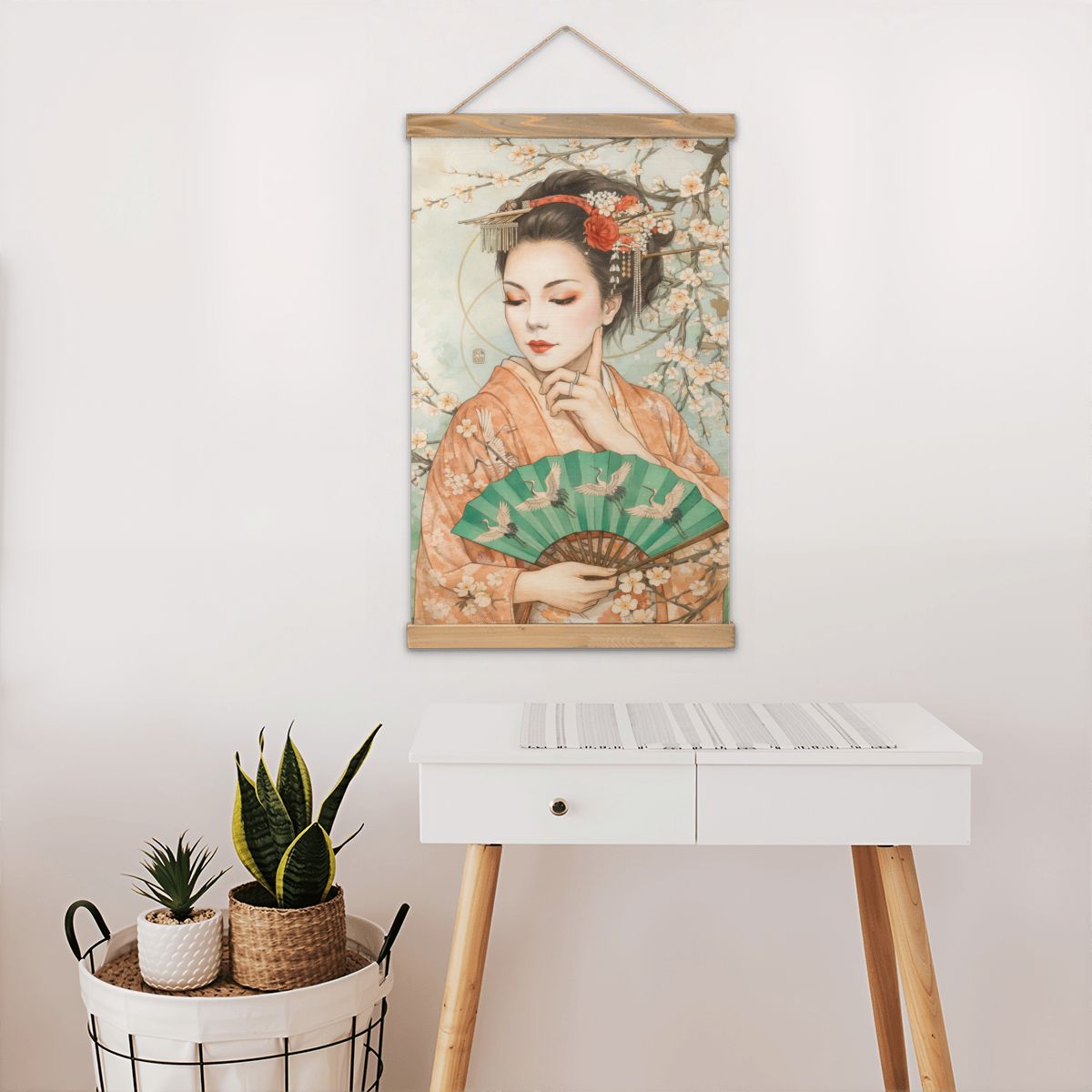 Linen Canvas Wall Art Geisha with Fan