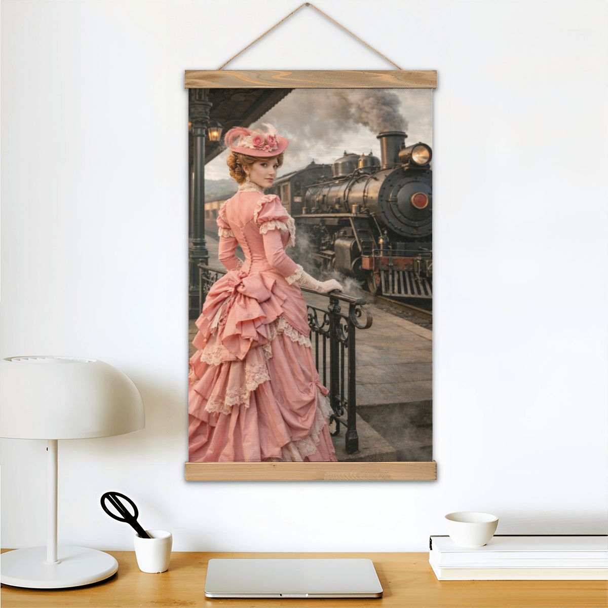 Linen Canvas Wall Art Victorian Woman and Train