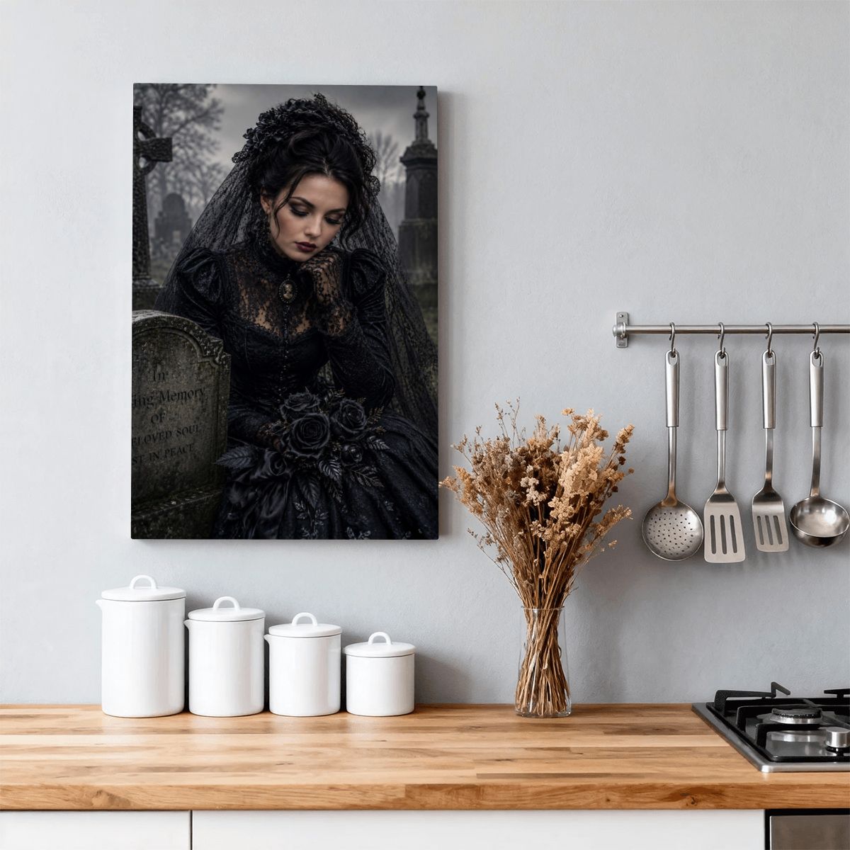 Framed Canvas Painting Gothic Victorian Halloween Woman at Grave Lost Love (Made in USA)