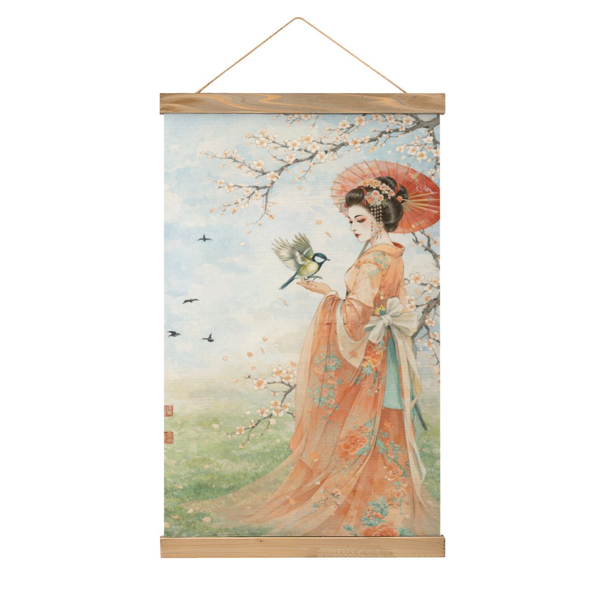 Linen Canvas Wall Art Geisha and Bird