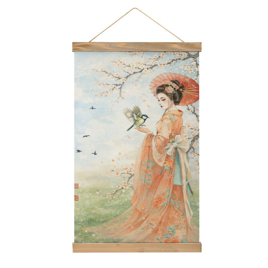 Linen Canvas Wall Art Geisha and Bird